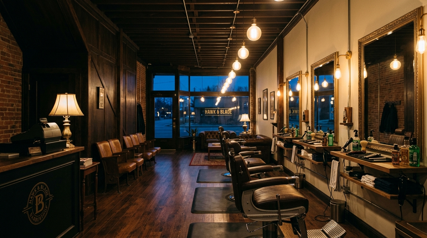 Modern barbershop interior with styling chairs and rustic wooden decor